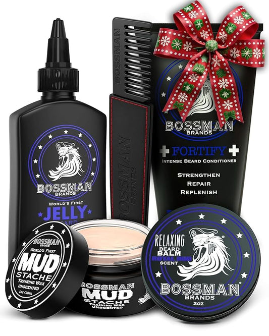 Bossman Complete Beard Kit – Men's Beard Oil Jelly, Fortifying Shower Conditioner, Balm, Mustache Wax & Comb – Beard Softener & Grooming Care – Men Gift Set (Royal Oud Scent)