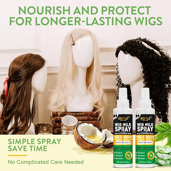 2PCS Wig Milk Spray for Synthetic Hair, Leave-In Conditioner Wig Detangler Spray for Human Wigs, Conditioner ＆ Detangler 2 in 1 Moisturizer, Hydrates & Replenishes Synthetic Hair Wigs Easy Combing