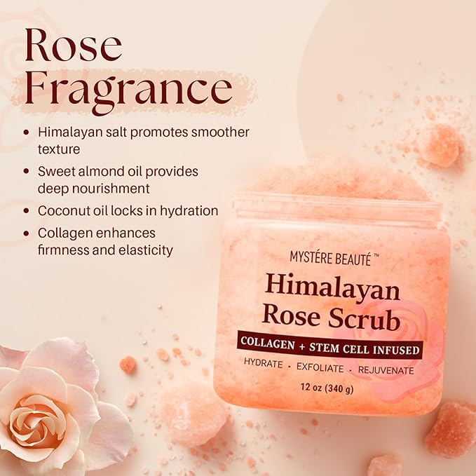 Himalayan Salt Body Scrub 12 oz - with Collagen and Stem Cells - Exfoliating Salt Scrub for Cellulite - Deep Cleansing for Acne, Scars, Wrinkles - Moisturizes Skin
