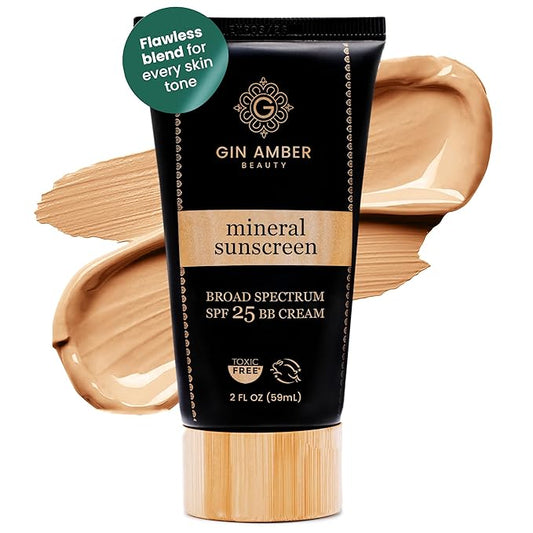 Gin Amber Beauty Mineral Tinted SPF 25 - Toxic Free Face Sunscreen and BB Cream for Women with Sensitive Skin - Revolutionary Zinc Oxide Formula - Improves Fine Lines and Uneven Skin Tone