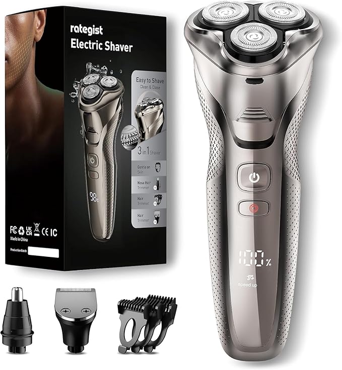Cordless Electric Razor for Men: 3-in-1 Shaver for Beard/Nose/Sideburns - IPX7 Waterproof Travel Kit - Turbo Speed & Precision Blades,Bright Silver