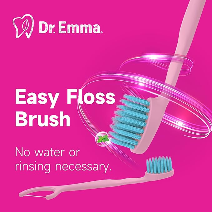 Dr. Emma Mini Brush Disposable Toothbrushes with Floss, Travel Mint Toothbrush for On-The-Go Use, 24 Packs Individually Wrapped Small Portable Toothbrush, Pink