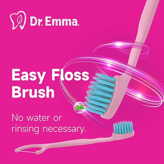 Dr. Emma Mini Brush Disposable Toothbrushes with Floss, Travel Mint Toothbrush for On-The-Go Use, 24 Packs Individually Wrapped Small Portable Toothbrush, Pink
