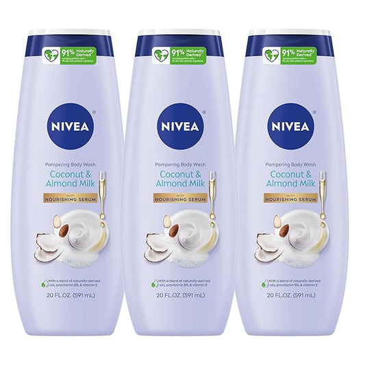 NIVEA Pampering Coconut and Almond Milk Body Wash with Nourishing Serum, Moisturizing Body Wash for Women, Enriched with Provitamin B5 and Vitamin E, 20 Fl Oz Bottle, Pack of 3