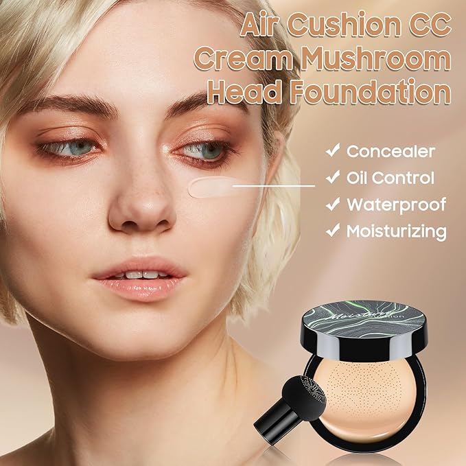 Mushroom Head Air Cushion CC Cream - BB Cream Foundation Makeup Moisturizing Concealer Long Lasting Waterproof With Powder Puff, Even Skin Tone (Natural, Pack of 1)