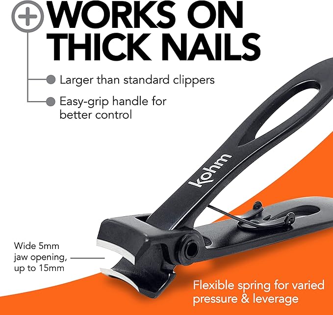 KOHM Nail Clippers for Thick Nails - Heavy Duty, Sharp Wide Mouth Professional Fingernail and Toenail Clippers for Men, Women & Seniors, Black