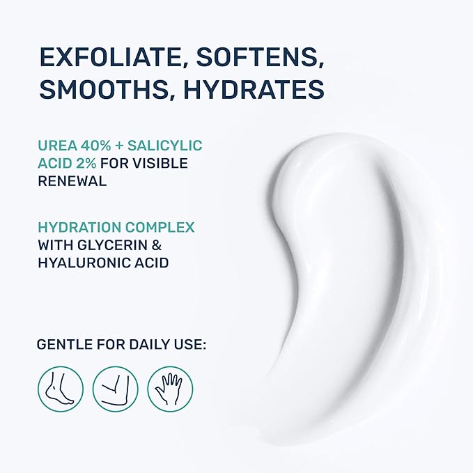 Urea Cream 40% & Salicylic Acid – Intensive Callus Remover for Feet – Maximum Strength Exfoliating Lotion with Ceramides, Peptides & Tea Tree – Repair Dry Cracked Heels & Corns – 4.3 oz