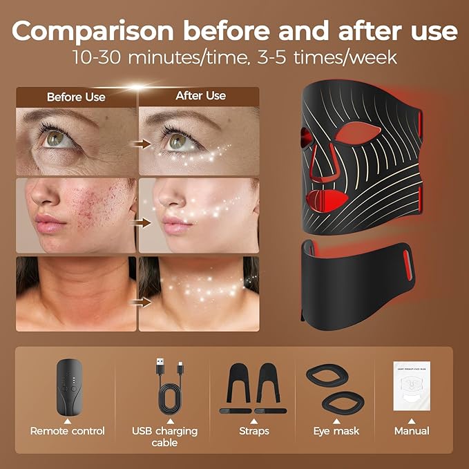 Red Light Therapy for Face,LED Face Mask Light Therapy,USB C Rechargeable,Infrared Light Therapy Mask LED Silicone Mask