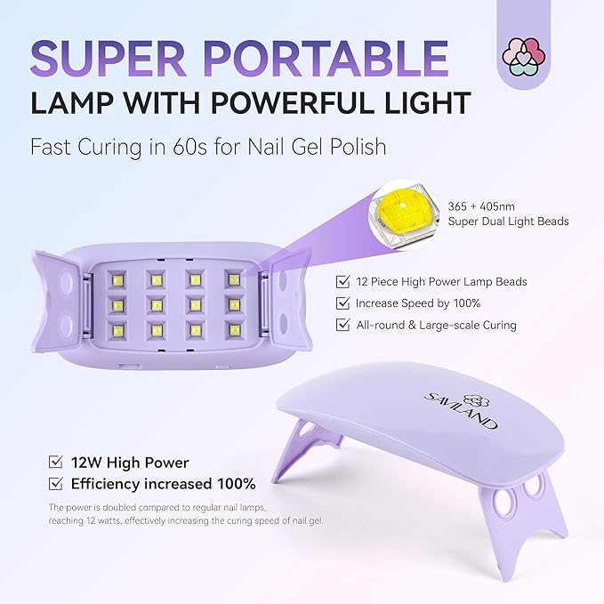 SAVILAND SSPro X Gel U V Nail Lamp for Gel Polish: 12W Mini Portable LED Light Fast Curing 2 Timers Flash Cure Lamp USB Interface Folding Design Personal Manicure Home Travel Use U V Light Purple