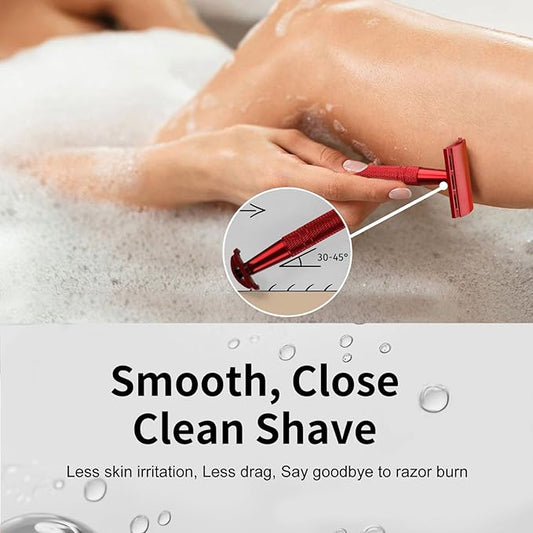 Safety Razor for Women and Men, Single Blade Razors, Reusable Metal Womens Razors for Shaving, with 10 Stainless Steel Double Edge Blades, Smooth and Close Shave, Plastic Free, Red