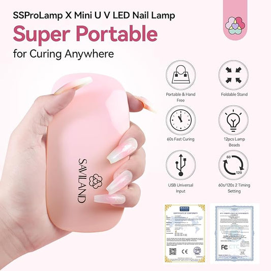SAVILAND SSPro X Gel U V Nail Lamp: 12W Pink Mini Portable U V Light for Gel Nails Fast Curing 2 Timers Cure Lamp lampara led para uñas USB Interface Folding Design Personal DIY Home Traveling Use