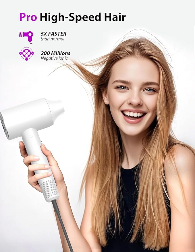 Hair Dryer, 3 Min Fast Drying-110000 RPM Professional High Speed Blow Dryer 200 Millions Negative Ionic Hair Dryer, Low Noise Hairdryer, Travel Hair Dryers for Women Men with Nozzle, White