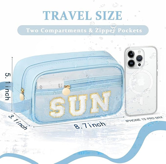 COSHAYSOO Clear Sunscreen Bag Makeup Toiletries Pouch Beach Vacation Essentials Summer Travel Stuff Accessories Personalized Graduation Gifts for Her Women College Teen Girls Teacher Nurse Blue SUN