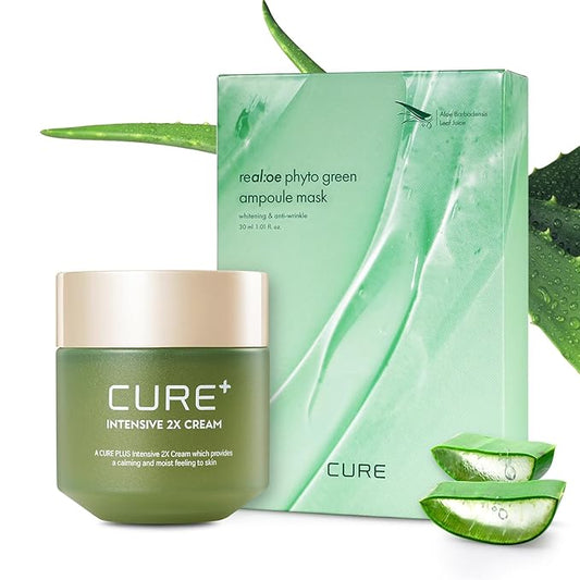 Cure Intensive 2X Cream Soothing Moisturizer for Dry Skin Bundle with Phyto Green Ampoule Sheet Mask Korean Skincare Duo
