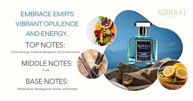 KORBAJ PARFUMS Emir - Arabian Perfume for Women, Eau de Parfum Men with with Sicilian Orange, Calabrian Bergamot - White Musk, Vanilla, Amber and Fruity Notes100ml