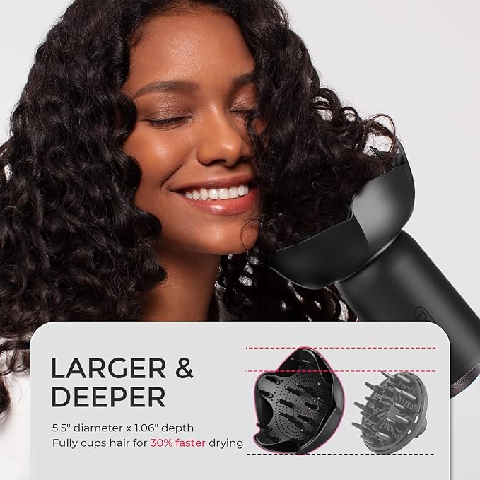 TYMO Diffuser Hair Dryer Blow Dryer - 300 Million Ionic Hairdryer with Diffuser & Comb Attachment for Curly Hair, Professional Blowdryer for Women, Cool Air Button, Small Travel Lightweight, Black