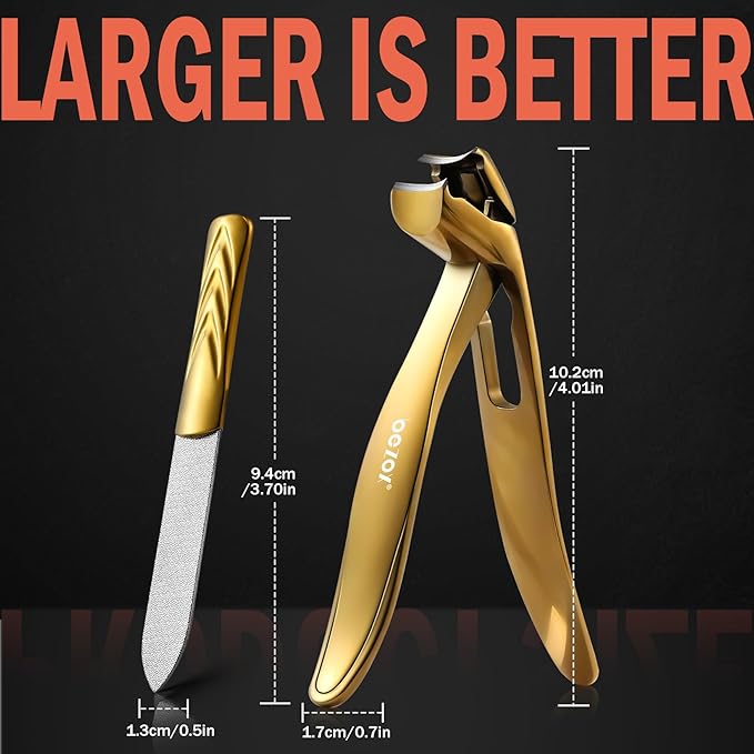 BEZOX Ergonomic Angled Head Thick Toenail Clipper for Seniors - Large Nail Clippers for Thick and Ingrown Nails with Metal Nail File, Premium Nail Cutter Fingernail Clipper for Men and Women - Golden