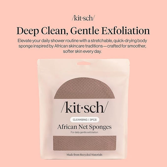 Kitsch African Net Sponge – Exfoliating Body Scrubber for Cleansing & Gentle Daily Exfoliation – Stretchable Bath Sponge for Hard-to-Reach Areas, Long-Lasting Shower Essential - Rosewood, 3 Pcs
