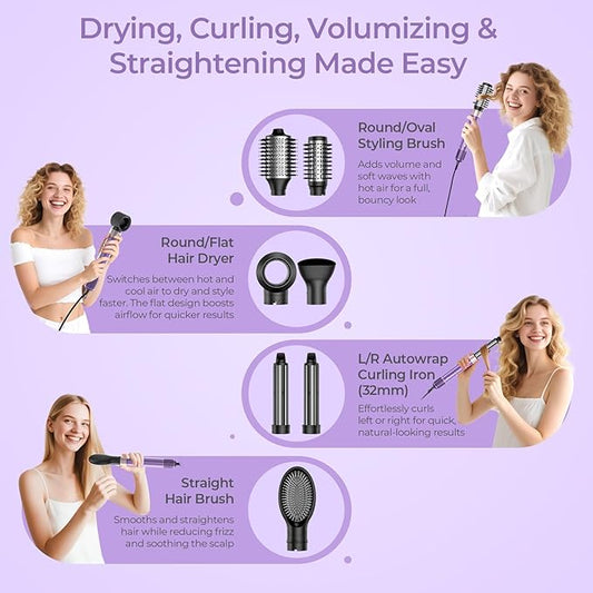 7 in 1 Blow Dryer Brush Set – Hot Air Styler for Fast Drying, Curling, Straightening & Volumizing – Ionic Hair Dryer Brush with 1200W Power – No Heat Damage for All Hair Types – Lilac