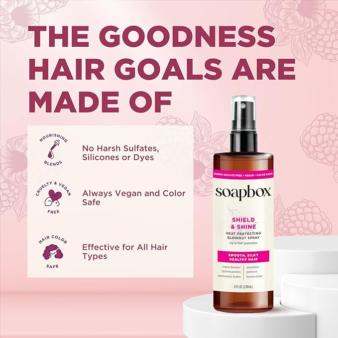 Soapbox Heat Protectant Spray, 8oz - Strengthening Hair Care, 3-in-1 Heat Protection, Shine Boosting, Anti Frizz Hair Spray, Vegan, Silicone Free, Sulfate Free, Color Safe