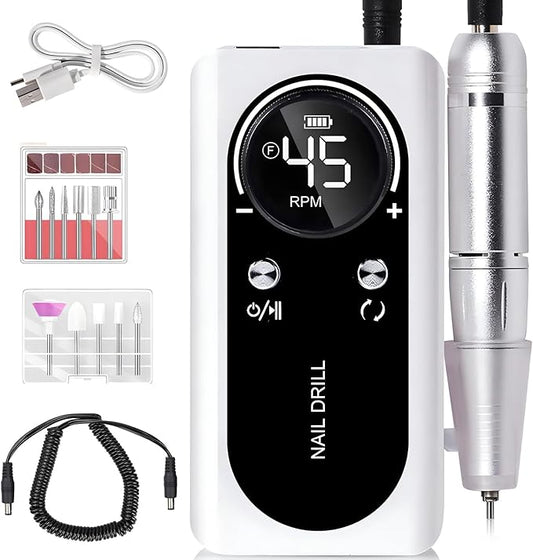 Electric 45000RPM Nail Drill Machine Rechargeable Portable Nail File Electric DIY Nail Drill Kit with Smart LCD Screen for Gel Nail Manicure and Pedicure Reflective Body etc(White)