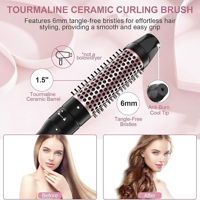 Thermal Brush, 1.5 inch Heated Round Curling Brush Hair Straightening Styler, Less Frizz Hair Hot Straightener with Detachable Head for Salon Style