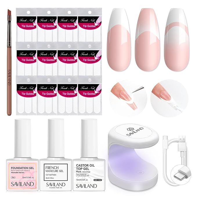 Saviland French Manicure Kit : French Tip Tools for Beginners French Tip Nail Stickers French Nail Brush White Gel Nail Polish Quick-Dry Nail Lamp French Tips Guides for Nail Art