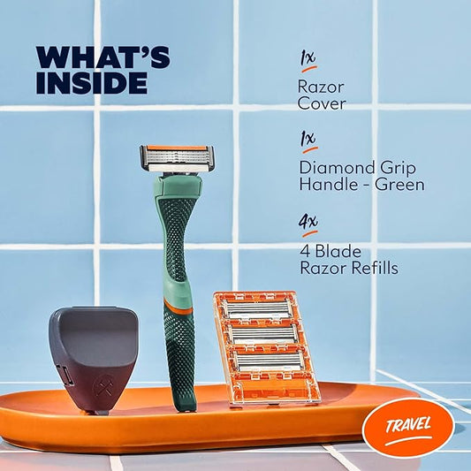 Dollar Shave Club | Travel Shave Set | 4 Swift Rinse Refill Cartridges, 1 Handle (Green), 1 Razor Cover