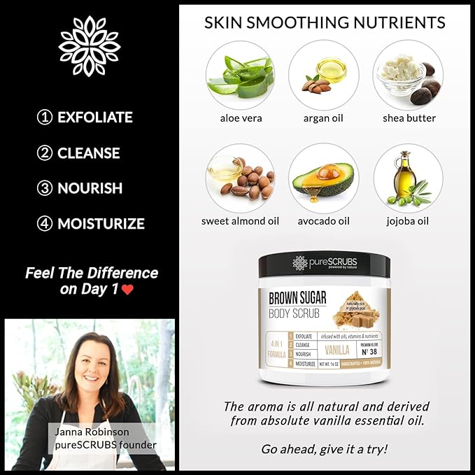 pureSCRUBS Premium Vanilla Brown Sugar Scrub | Face, Feet & Full Body Scrub | Large 16oz Jar Includes Wooden Spoon, Loofah & Mini Exfoliating Bar Soap