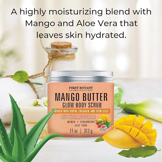 Mango Butter Body Scrub Exfoliator Biotin, Collagen, Stem Cells - Natural Exfoliating Salt Scrub & Body and Face Souffle helps with Moisturizing Skin, Acne, Cellulite, Dead Skin Scars, Wrinkles- 11 oz