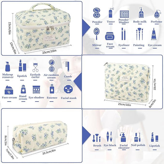 Makeup Bag Set, Quilted Makeup Bag, Large Floral Cosmetic Bag for Women, Cute Cotton Makeup Bags, Flower Travel Toiletry Organizer Bag (Blue Floer)