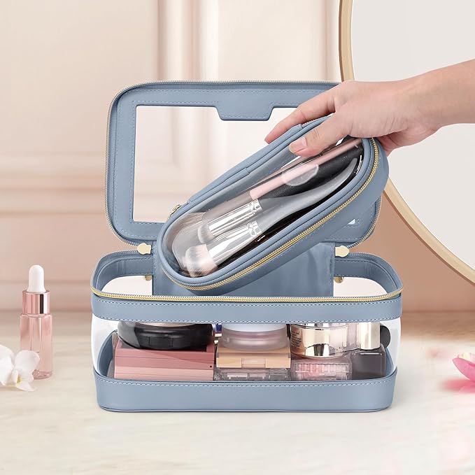 Clear Travel Makeup Brush Holder, Leather Makeup Brush Toiletry Bag, Portable Cosmetic Brush Case, Transparent Waterproof Makeup Brush Storage Bag, Blue