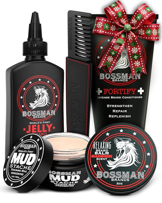 Bossman Complete Beard Kit – Men's Beard Oil Jelly, Fortifying Shower Conditioner, Balm, Mustache Wax & Comb – Beard Softener & Grooming Care – Men Gift Set (Hammer Scent)