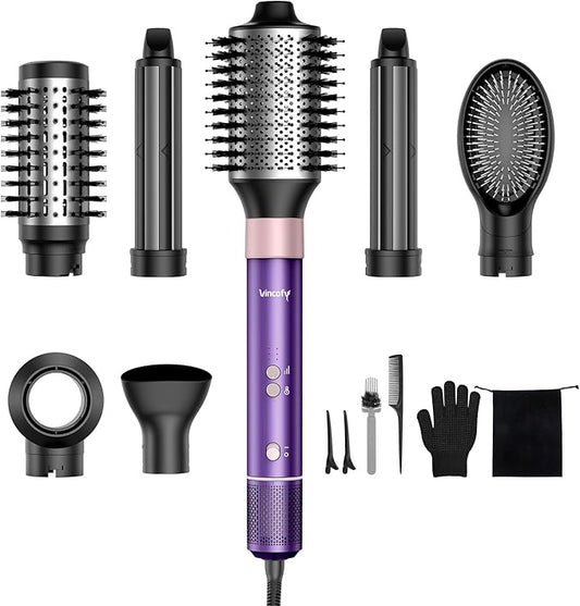 7 in 1 Blow Dryer Brush Set – Hot Air Styler for Fast Drying, Curling, Straightening & Volumizing – Ionic Hair Dryer Brush with 1200W Power – No Heat Damage for All Hair Types – Lilac