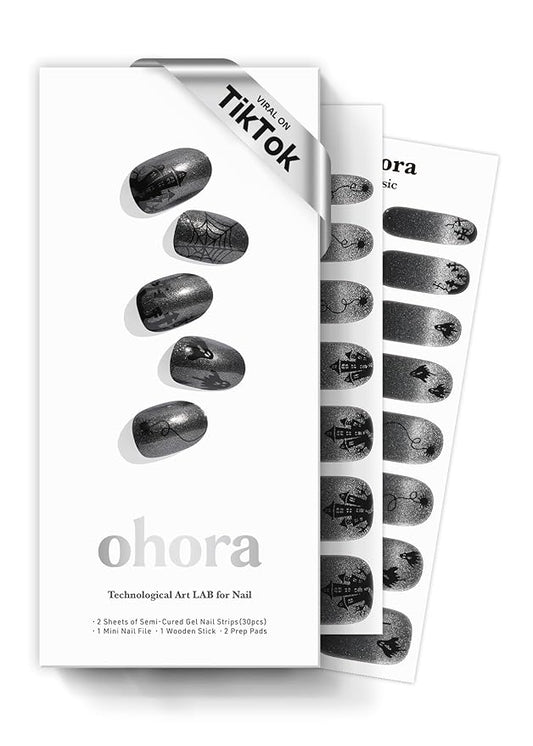 ohora Semi Cured Gel Nail Strips (N Ghost Story) - Works with Any Lamps, Salon-Quality, Long Lasting, Easy to Apply & Remove - Includes 2 Prep Pads, Nail File & Wooden Stick