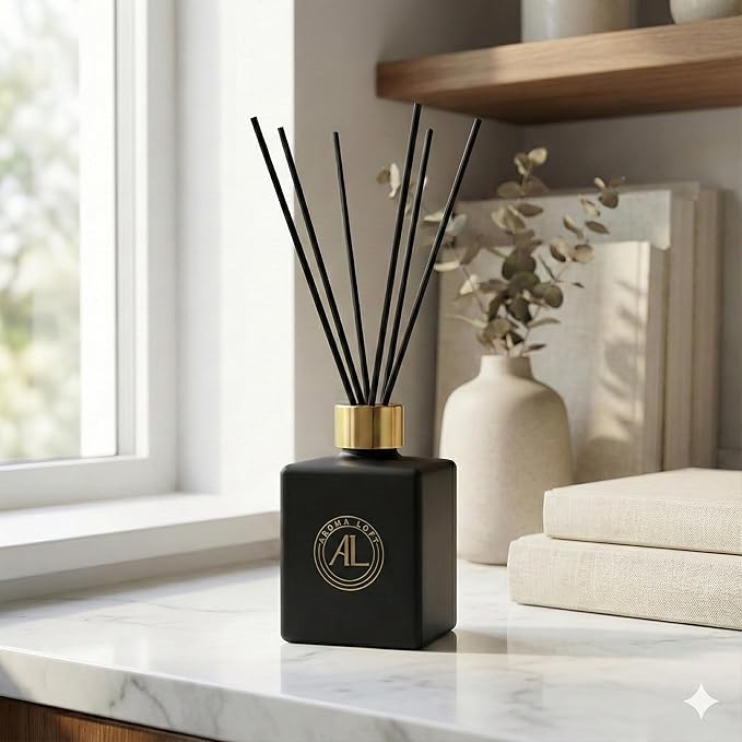Reed Diffuser Set for Home - Rustic Amber Scent Sticks - Bathroom Counter Decor - Modern Room Fragrance Diffuser - Office Air Freshener - 90 Day Long Lasting Aroma