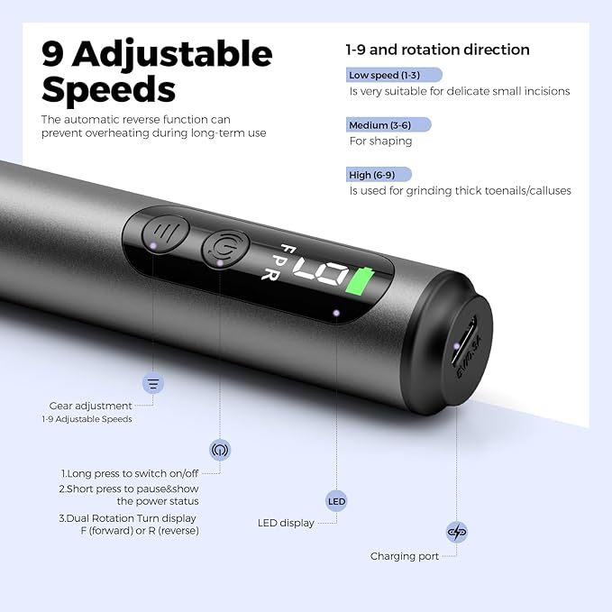 Cordless Electric Nail Drill Kit Professional Portable Electric Nail File Set Machine for Acrylic Gel Nails,Toenail Hand Feet Care,9 Speed with LED Display Ideal Gift for Men and Women-DeepGrey