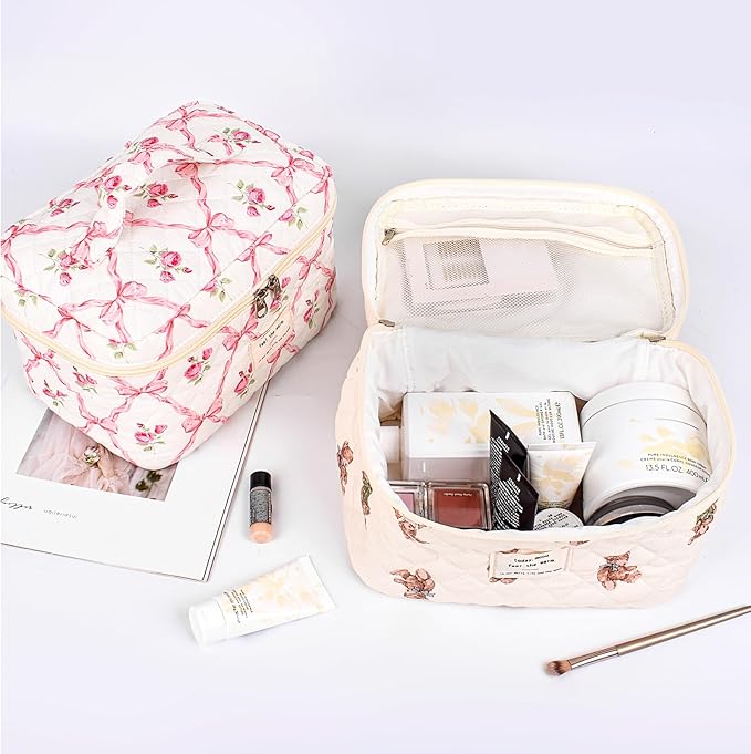 Quilted Makeup Bag,Large Cosmetics Bag Set,Cotton Coquette Floral Make up Pouch,Travel Toiletry Bag for Women