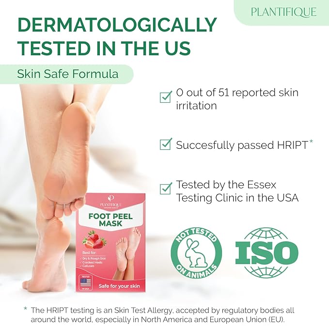 PLANTIFIQUE Foot Peeling Mask 4 Pack | Dermatologically Tested Repairs Heels & Removes Dry Dead Skin for Baby Soft Feet | Exfoliating Foot Peel Mask for Dry Cracked Feet | Strawberry