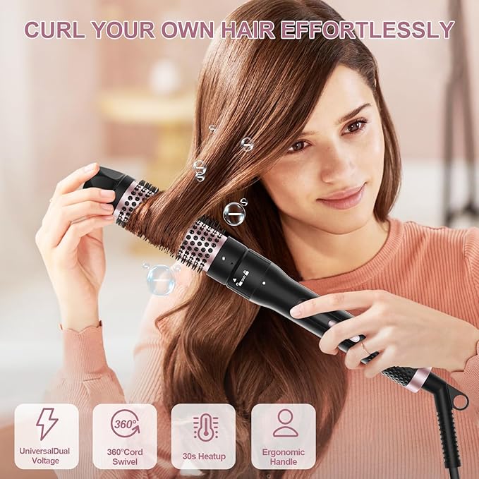 Thermal Brush, 1.5 inch Heated Round Curling Brush Hair Straightening Styler, Less Frizz Hair Hot Straightener with Detachable Head for Salon Style