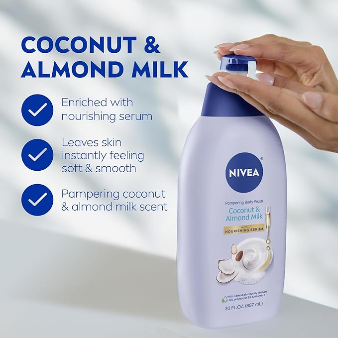 NIVEA Pampering Coconut and Almond Milk Body Wash with Nourishing Serum, Moisturizing Body Wash for Women, Enriched with Provitamin B5 and Vitamin E, 30 Fl Oz Bottle