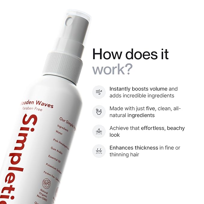 Simpletics Himalayan Sea Salt Hair Spray (Sandalwood Scent) – Natural 5-Ingredient Formula for Beach Waves & Volume – Light Hold, Non-Greasy, Paraben & Sulfate Free – Unisex 8 fl oz