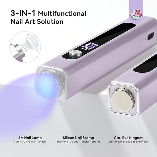 SAVILAND Advanced U V Light for Gel Nails: 3 In 1 U V Nail Lamp Cat Eye Magnet 8s Flash Cure Lamp Nail Stamp LCD Display Mini Portable Nail Dryer Rechargeable with 3 Timers Design Art Tools Home DIY