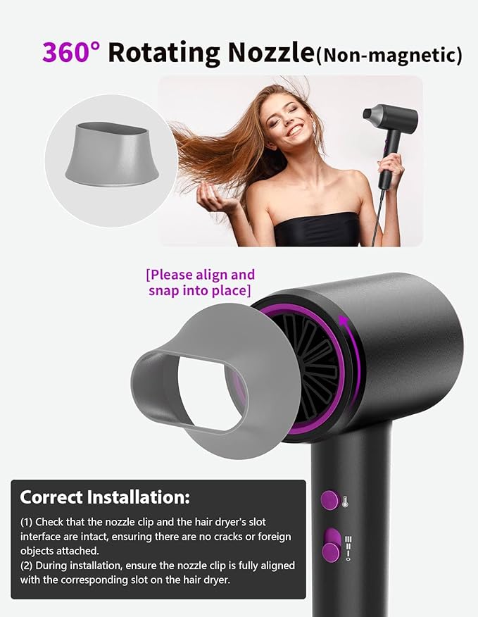 Hair Dryer, 3 Min Fast Drying-110000 RPM Professional High Speed Blow Dryer 200 Millions Negative Ionic Care Hair Dryer, Low Noise Thermo-Control Hairdryer, Travel with Secure Lock Nozzle (Black)