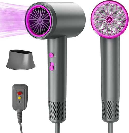 Hair Dryer, 3 Min Fast Drying-110000 RPM Professional High Speed Blow Dryer 200 Millions Negative Ionic Care Hair Dryer, Low Noise Thermo-Control Hairdryer, Travel with Nozzle (Gray&Purple)