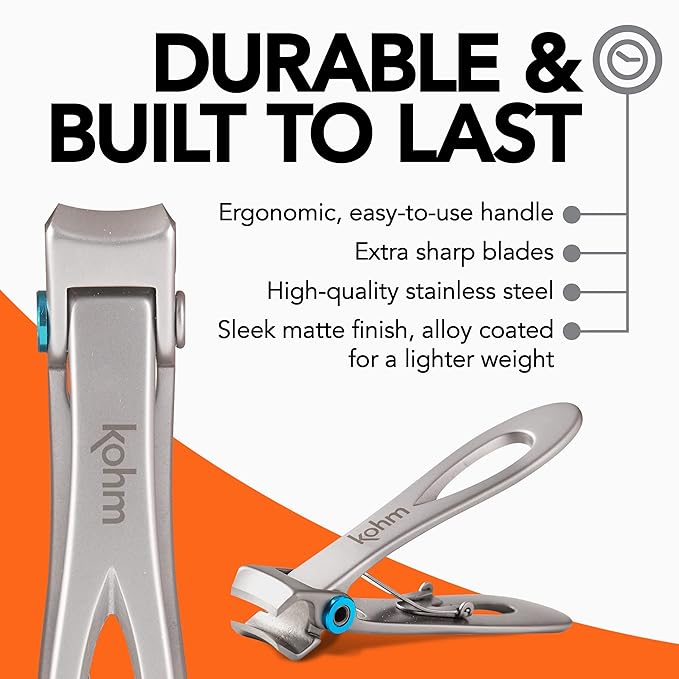 KOHM Nail Clippers for Thick Nails - Heavy Duty, Wide Mouth Professional Fingernail and Toenail Clippers for Men, Women & Seniors, Silver