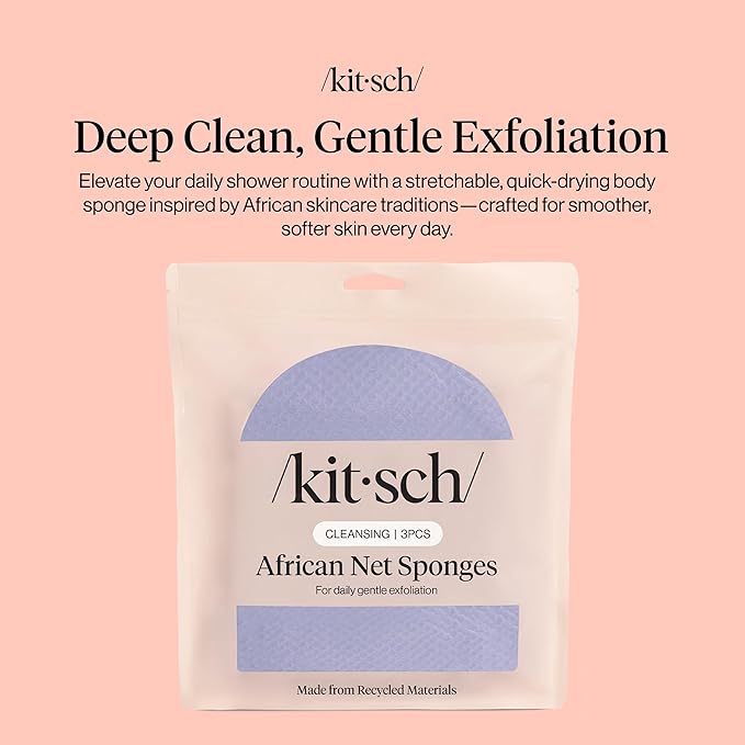 Kitsch African Net Sponge – Exfoliating Body Scrubber for Cleansing & Gentle Daily Exfoliation – Stretchable Bath Sponge for Hard-to-Reach Areas, Long-Lasting Shower Essential - Ocean Blue, 3 Pcs