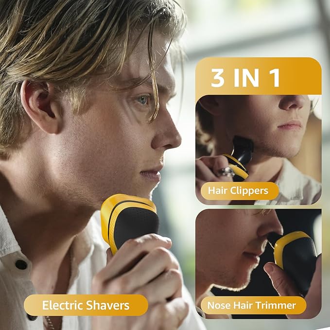 Rechargeable Electric Razor for Men: 3-in-1 Shaver for Beard/Nose/Sideburns - IPX7 Waterproof Travel Kit - Turbo Speed & Precision Blades,Cyber Yellow
