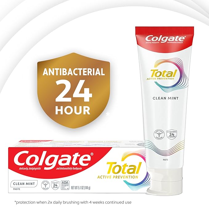 Colgate Total Active Prevention Clean Mint Toothpaste, Anticavity Fluoride Toothpaste, Clinically Proven Formula That Fights Plaque Bacteria, Mint, 4 Pack, 5.1 oz