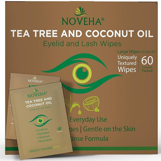 NOVEHA 60PCs Tea Tree & Coconut Oil Eyelid & Lash Wipes - For Demodex, Blepharitis & Itchy Eyes, Individually Wrapped Eyelash Wipes With Aloe Vera, Natural Makeup Remover & Daily Eye Cleanser